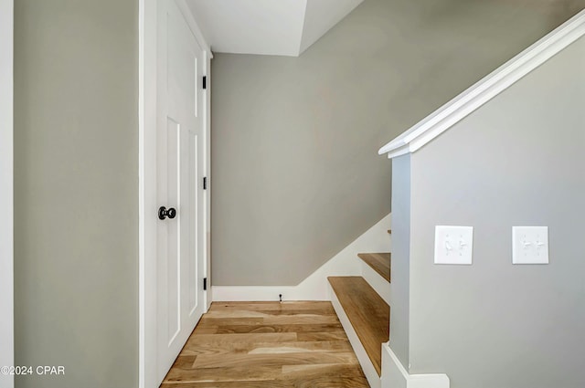 staircase with hardwood / wood-style flooring