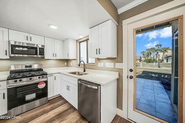 kitchen with sink, plenty of natural light, white cabinets, and appliances with stainless steel finishes