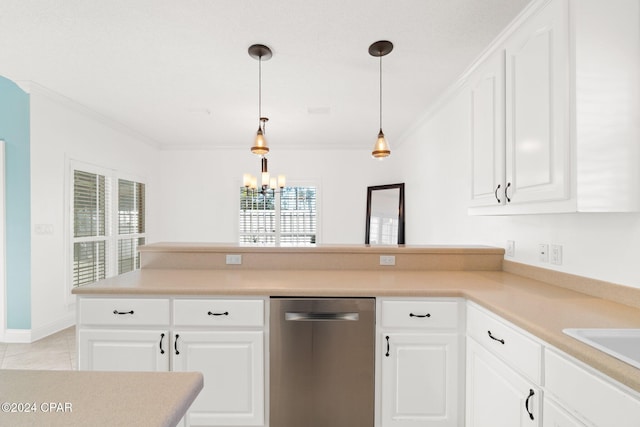 kitchen featuring white cabinetry, dishwasher, an inviting chandelier, decorative light fixtures, and ornamental molding