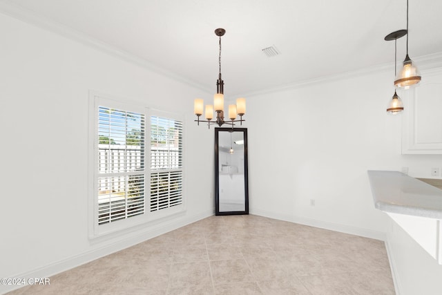 unfurnished dining area with a notable chandelier, light tile patterned flooring, and crown molding