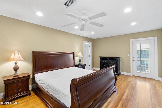 bedroom with access to outside, ceiling fan, and light wood-type flooring