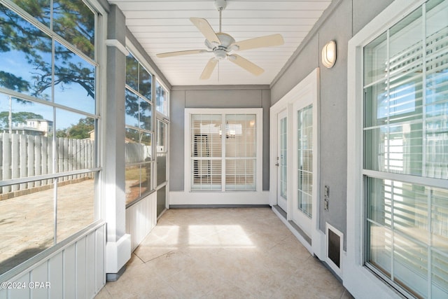 sunroom featuring ceiling fan and wooden ceiling