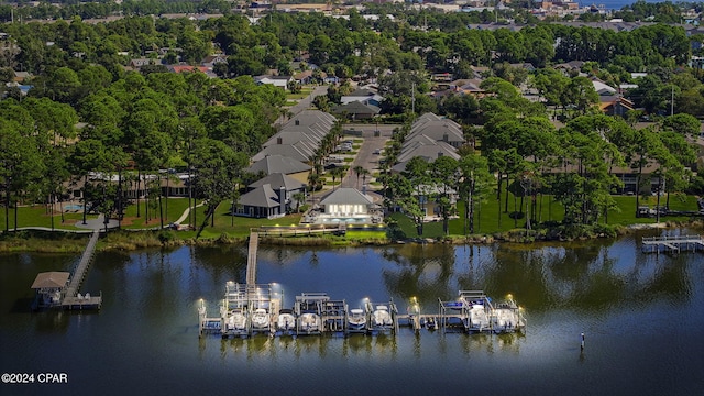 bird's eye view with a water view