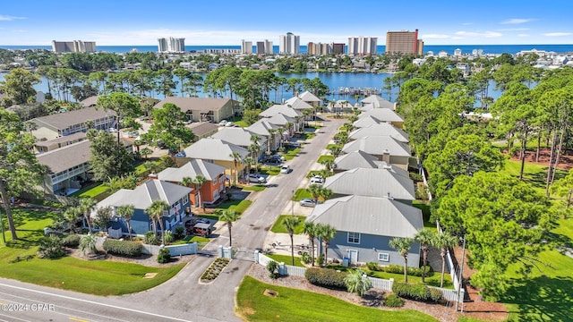 drone / aerial view with a water view