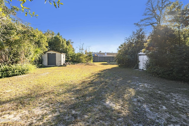 view of yard featuring a storage shed