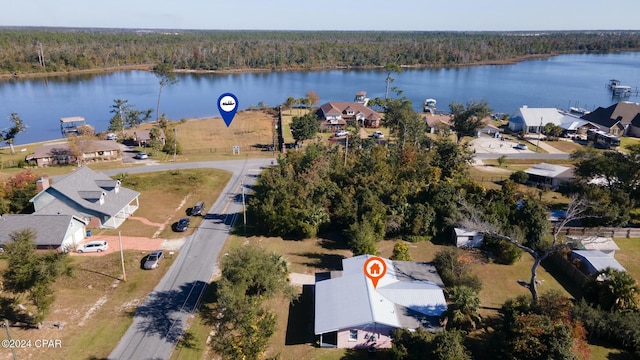 drone / aerial view featuring a water view