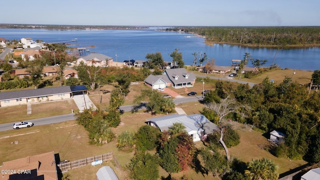 aerial view featuring a water view