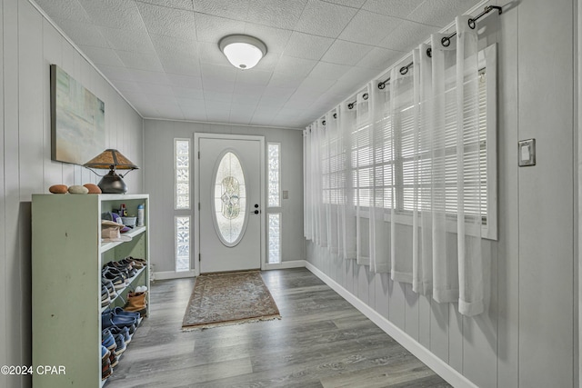 foyer with baseboards and wood finished floors