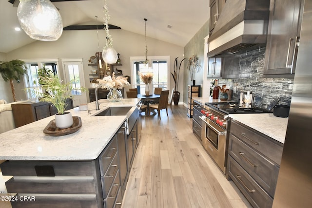 kitchen with decorative backsplash, premium range hood, a kitchen island with sink, and stainless steel appliances