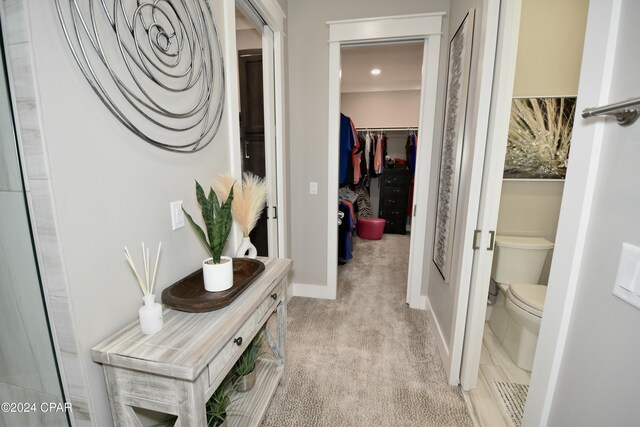 hallway with light colored carpet