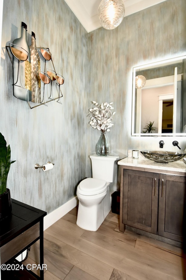 bathroom with toilet, vanity, and hardwood / wood-style flooring