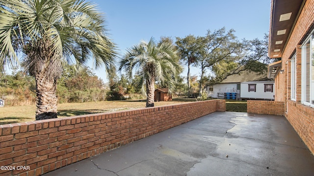 view of patio / terrace with a storage shed