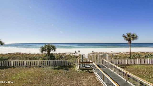 view of water feature with a beach view