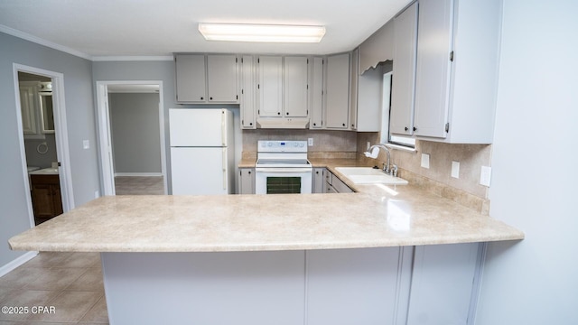 kitchen with light countertops, a sink, white appliances, a peninsula, and under cabinet range hood