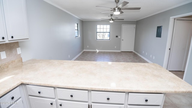 kitchen with white cabinetry, light countertops, and ornamental molding