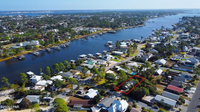 drone / aerial view featuring a water view