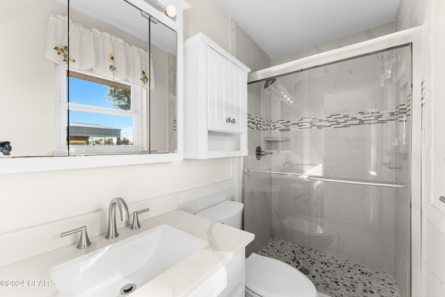 bathroom featuring vanity, an enclosed shower, and toilet