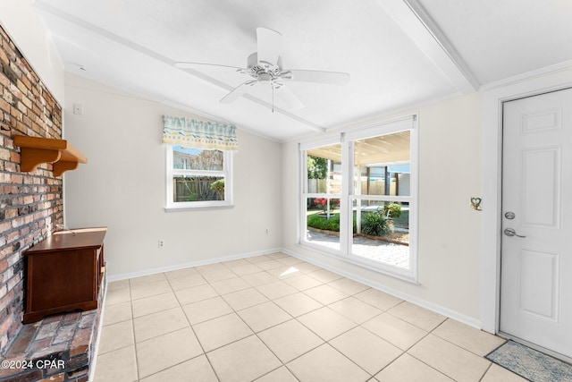 unfurnished living room featuring lofted ceiling, ceiling fan, and light tile patterned flooring