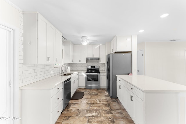 kitchen featuring sink, ceiling fan, appliances with stainless steel finishes, white cabinetry, and decorative backsplash