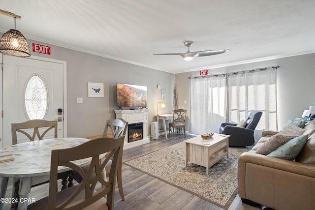 living room featuring hardwood / wood-style floors, ceiling fan, and ornamental molding