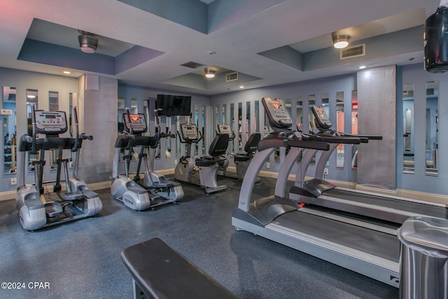 workout area with a raised ceiling