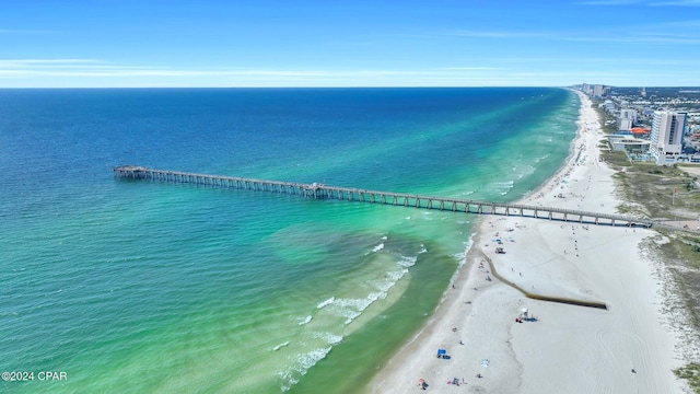 drone / aerial view with a water view and a beach view