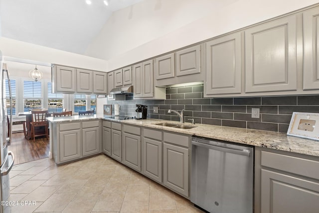 kitchen featuring dishwasher, sink, gray cabinetry, light stone countertops, and black electric cooktop