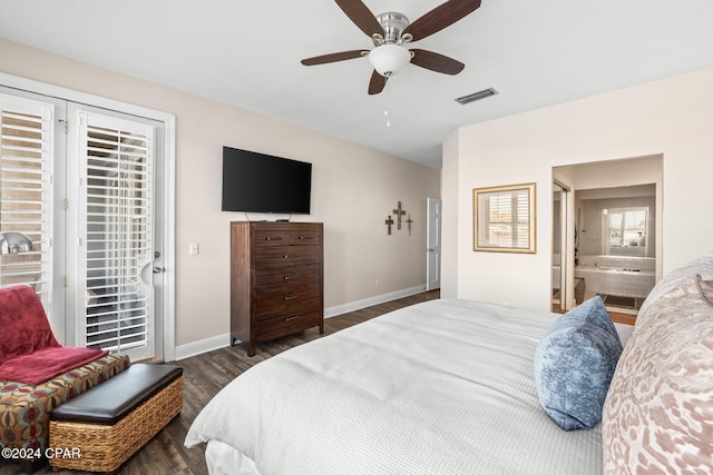 bedroom featuring ensuite bathroom, dark wood-type flooring, access to exterior, and ceiling fan