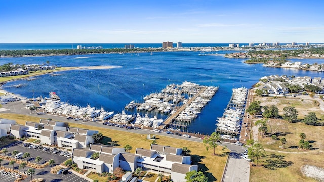 bird's eye view with a water view