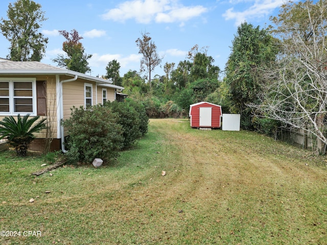 view of yard featuring a storage unit