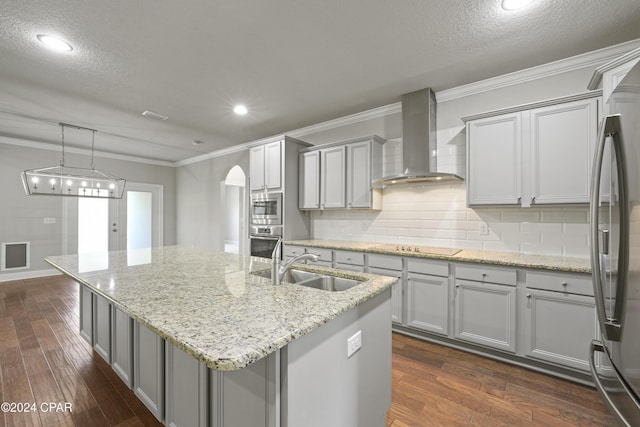 kitchen with stainless steel appliances, sink, wall chimney range hood, decorative light fixtures, and an island with sink