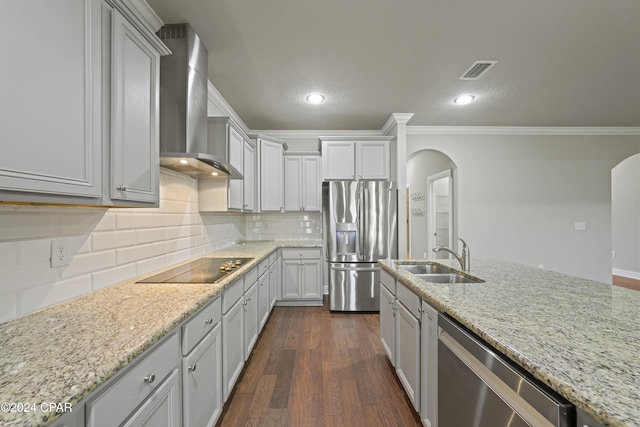 kitchen with sink, wall chimney exhaust hood, decorative backsplash, light stone countertops, and appliances with stainless steel finishes