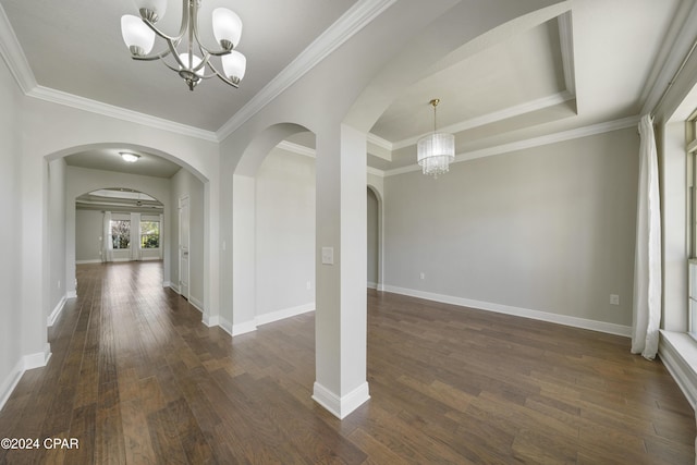 interior space with dark wood-type flooring, ornamental molding, french doors, and an inviting chandelier