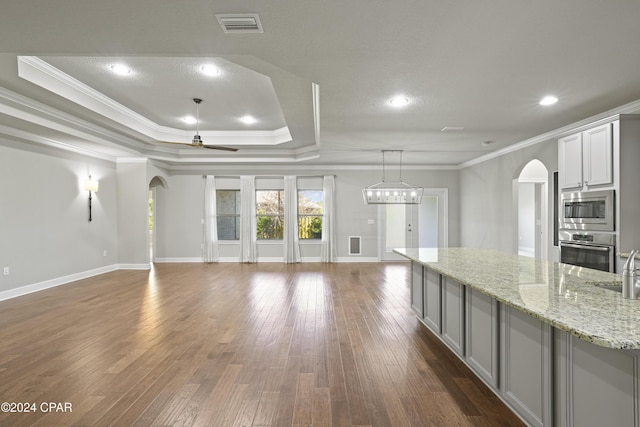 kitchen with stainless steel appliances, a raised ceiling, light stone counters, dark hardwood / wood-style floors, and ceiling fan with notable chandelier