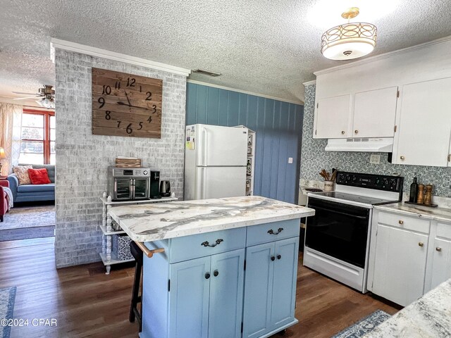 kitchen featuring dark wood-type flooring, white cabinetry, electric range, ornamental molding, and white fridge