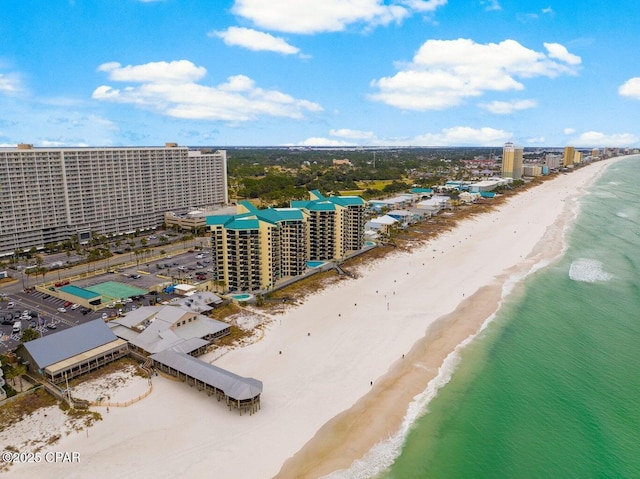 aerial view with a water view and a view of the beach