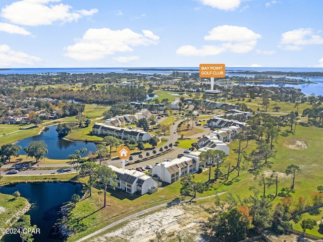 aerial view with a water view and a residential view