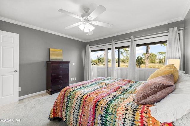 bedroom with light colored carpet, ornamental molding, a ceiling fan, access to outside, and baseboards