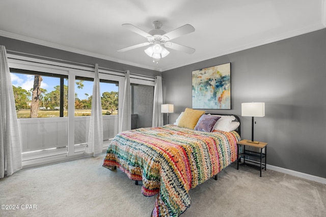 bedroom with light carpet, baseboards, a ceiling fan, ornamental molding, and access to outside