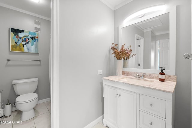 bathroom featuring visible vents, toilet, ornamental molding, tile patterned floors, and vanity