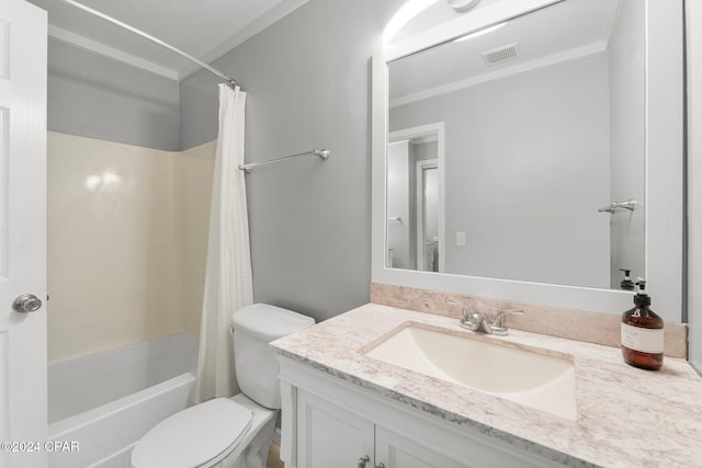 bathroom featuring visible vents, toilet, shower / tub combo with curtain, crown molding, and vanity