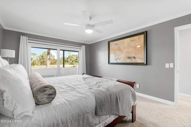 bedroom featuring crown molding, carpet flooring, ceiling fan, access to outside, and baseboards