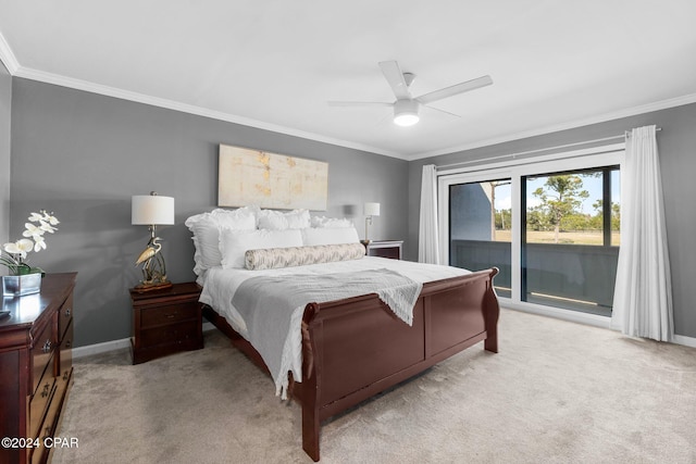 bedroom with crown molding, a ceiling fan, light carpet, access to outside, and baseboards