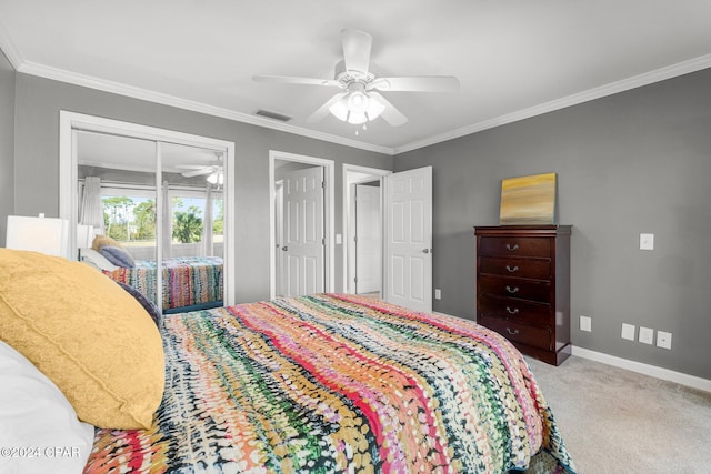 bedroom with access to exterior, crown molding, visible vents, light carpet, and baseboards