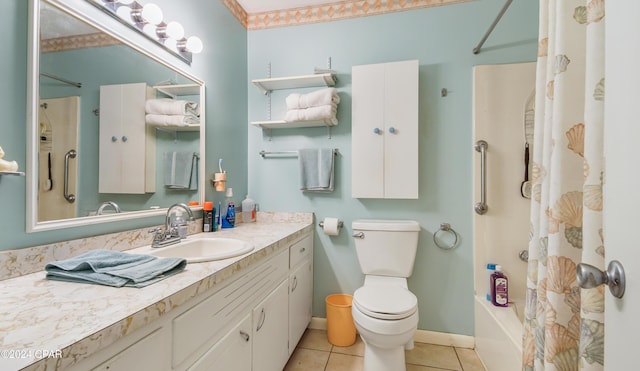 full bathroom with toilet, vanity, tile patterned floors, and shower / bathtub combination with curtain