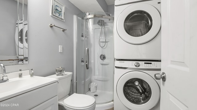 clothes washing area with sink and stacked washing maching and dryer