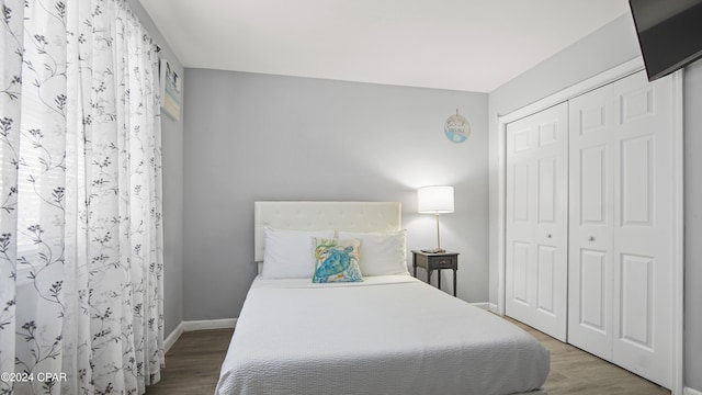 bedroom with hardwood / wood-style flooring and a closet