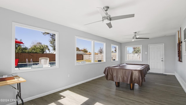 game room featuring ceiling fan, dark wood-type flooring, and pool table