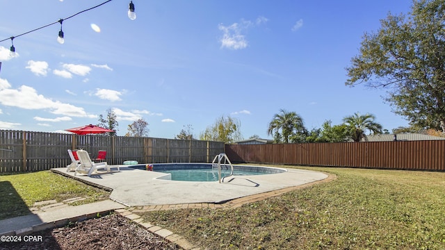 view of pool featuring a patio and a lawn