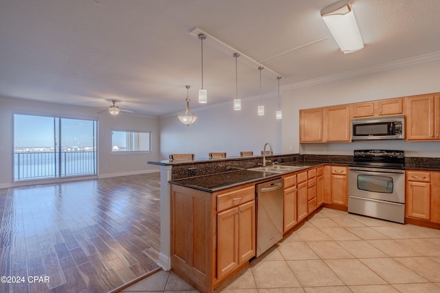 kitchen with light wood-type flooring, ornamental molding, stainless steel appliances, ceiling fan, and sink